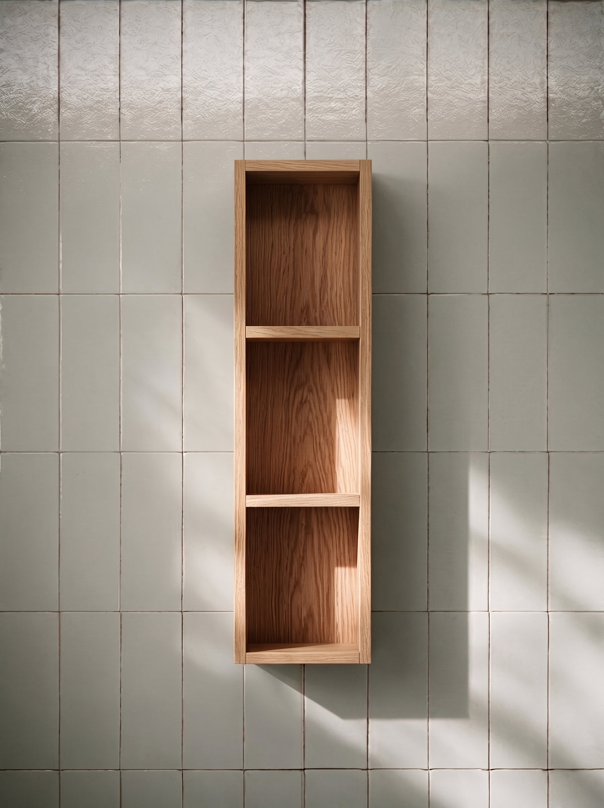 Open oak bathroom cabinet with fixed wooden shelves on tiles